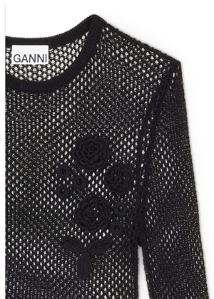 Mercerized cotton mesh pointelle longsleeve bluse Black A1070231 Ganni 